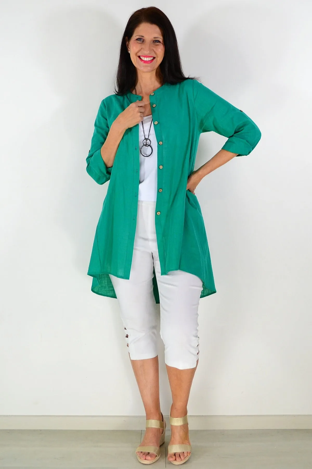 Block Green Button Up Shirt Tunic