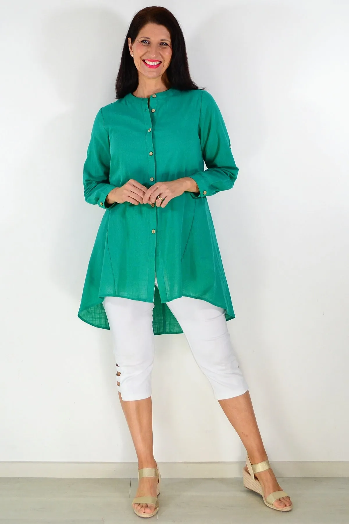 Block Green Button Up Shirt Tunic