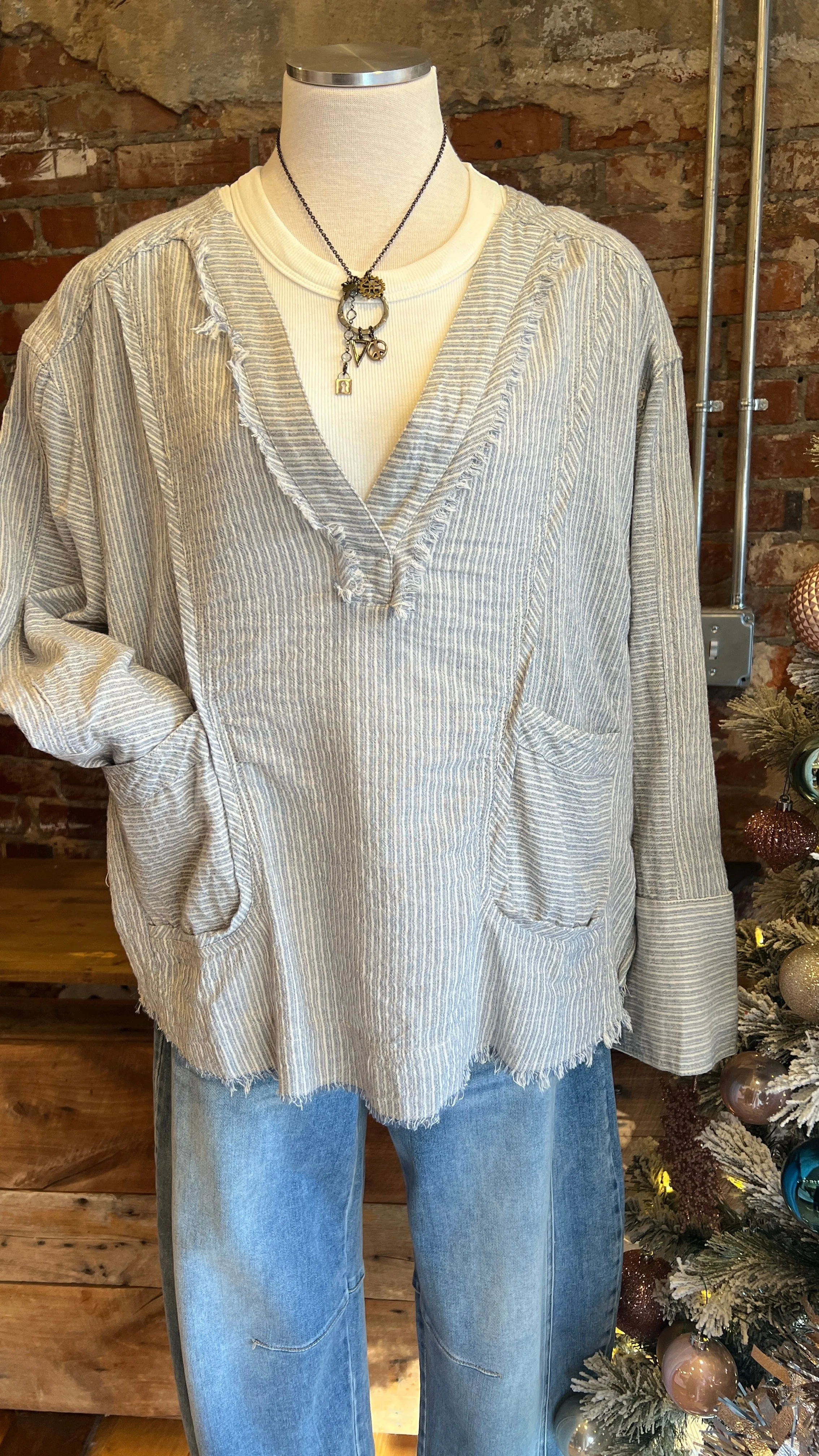Blue Raw Edge Stripe Cotton Tunic