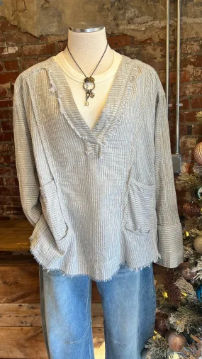 Blue Raw Edge Stripe Cotton Tunic