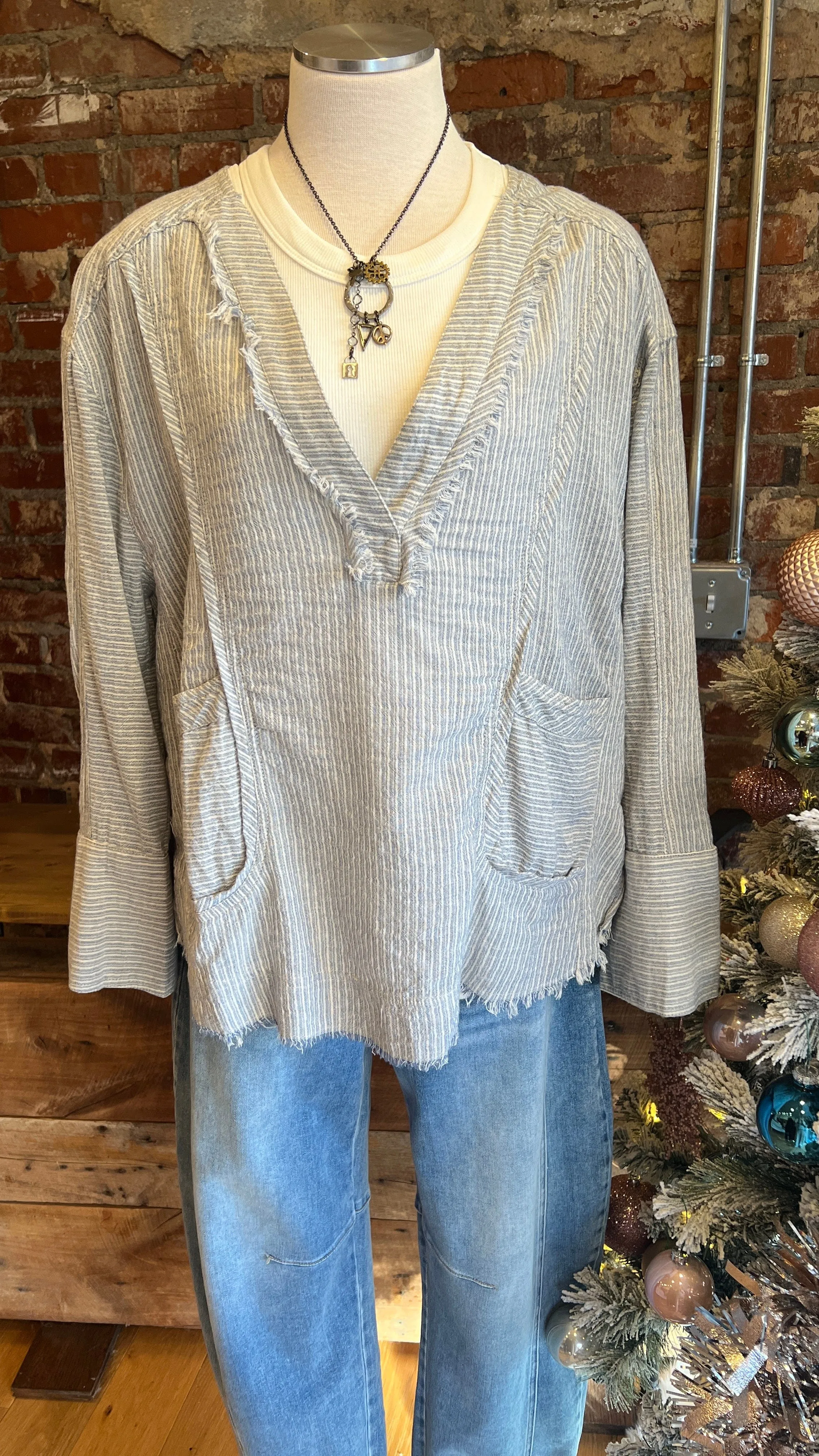 Blue Raw Edge Stripe Cotton Tunic