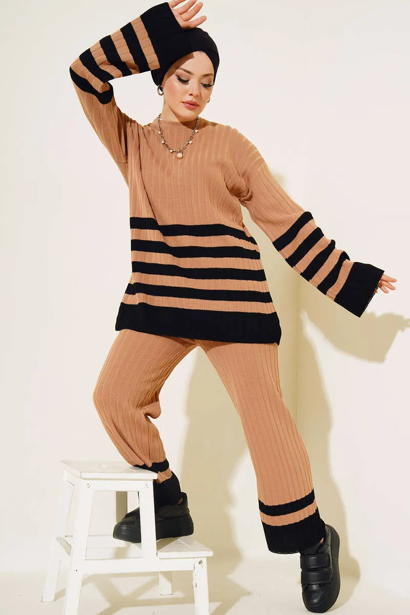 BNG Women Casual Striped Sleeve Knit Set Mink - Clermont
