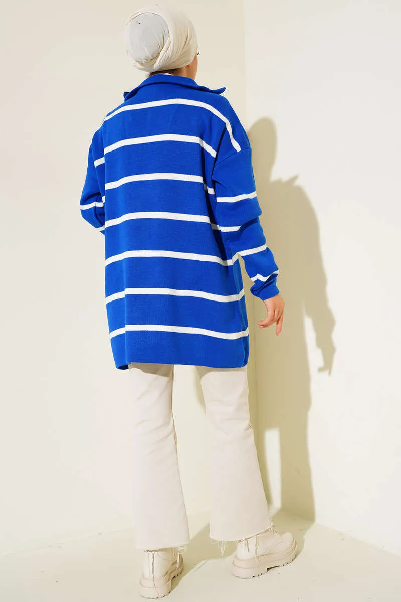 BNG Women Striped Tunic with Collar Zipper Navy Blue - Clermont
