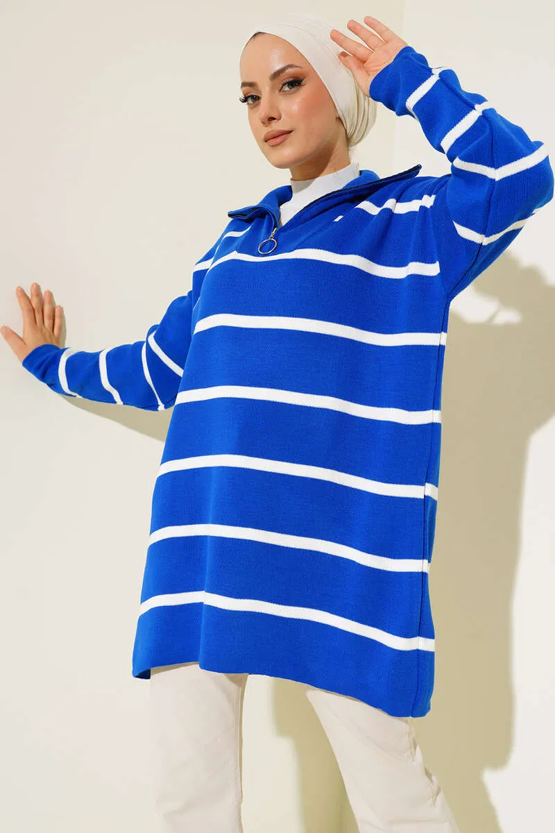 BNG Women Striped Tunic with Collar Zipper Navy Blue - Clermont