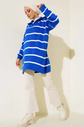 BNG Women Striped Tunic with Collar Zipper Navy Blue - Clermont