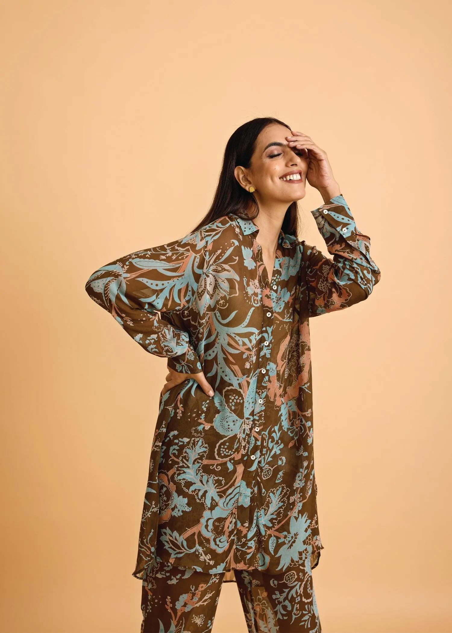 Brown Viscose Honeycomb Tunic Set