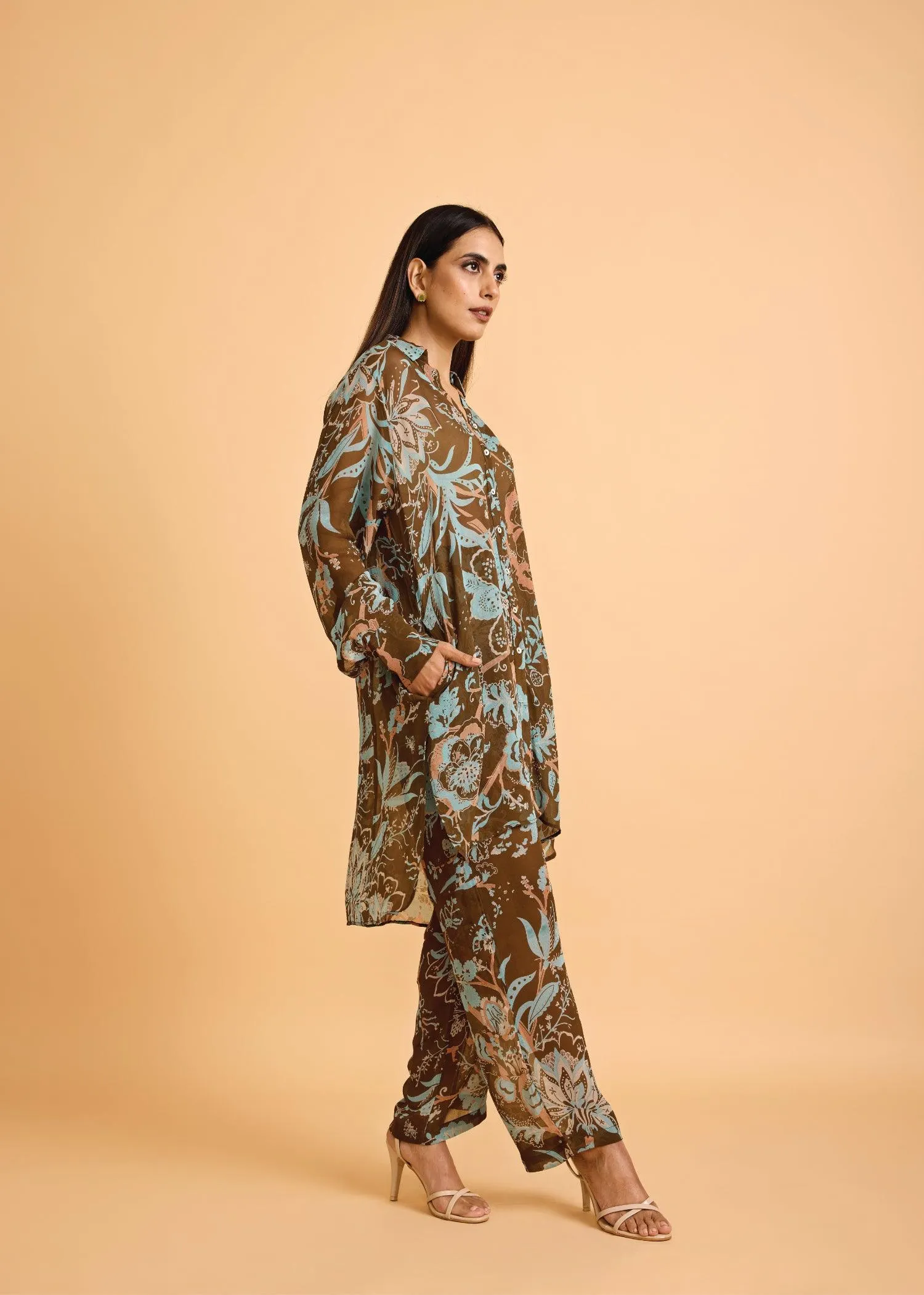Brown Viscose Honeycomb Tunic Set