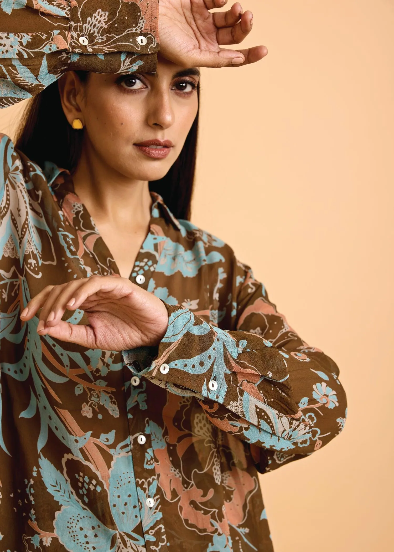 Brown Viscose Honeycomb Tunic Set