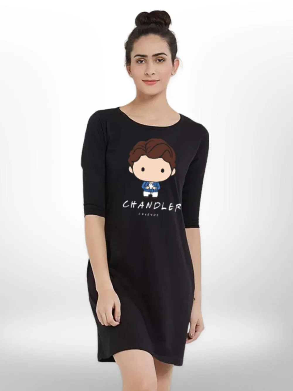 CARTOON BOY PRINTED THREE QUARTER SLEEVE T-SHIRT SIDE POCKET  FOR WOMEN'S