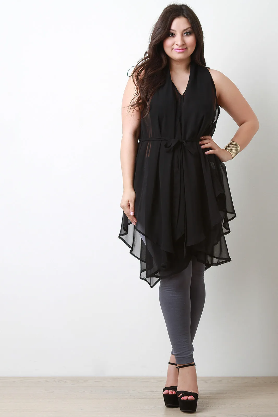Chiffon Sleeveless Tie Waist Asymmetric Tunic Top