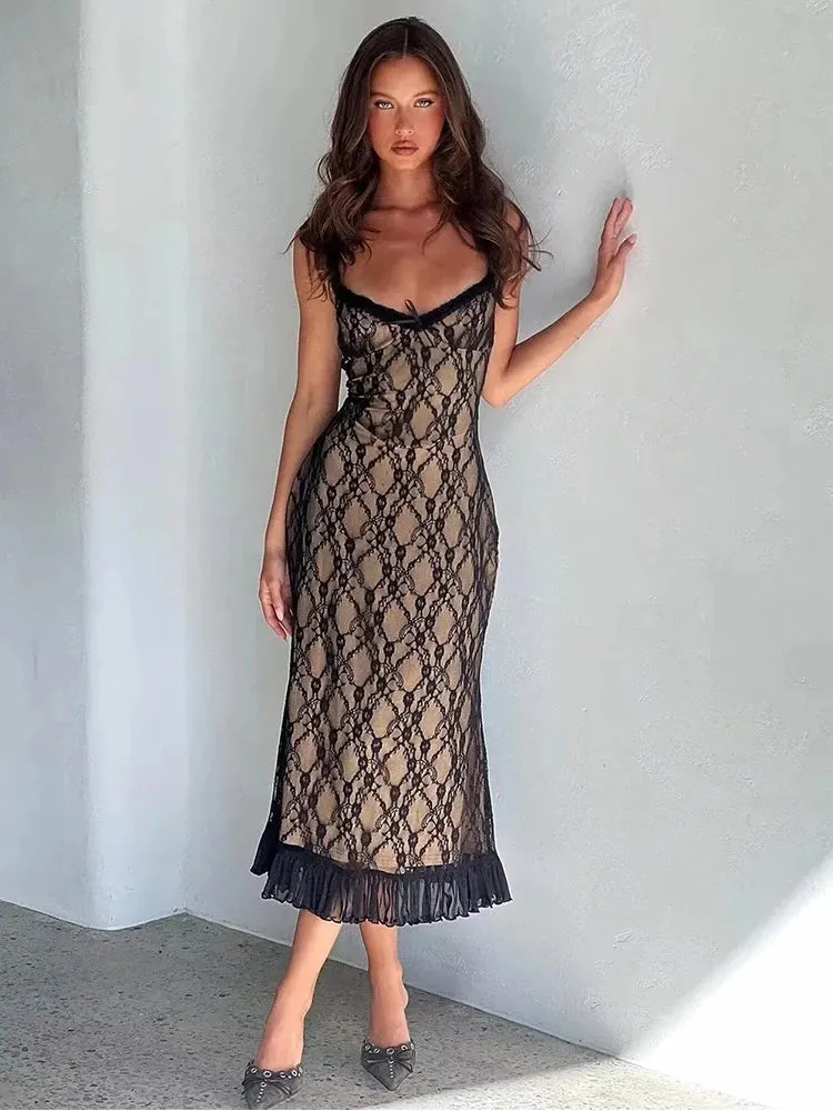 Clydie Lace Mesh Bodycon Midi Dress