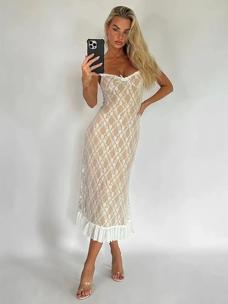 Clydie Lace Mesh Bodycon Midi Dress
