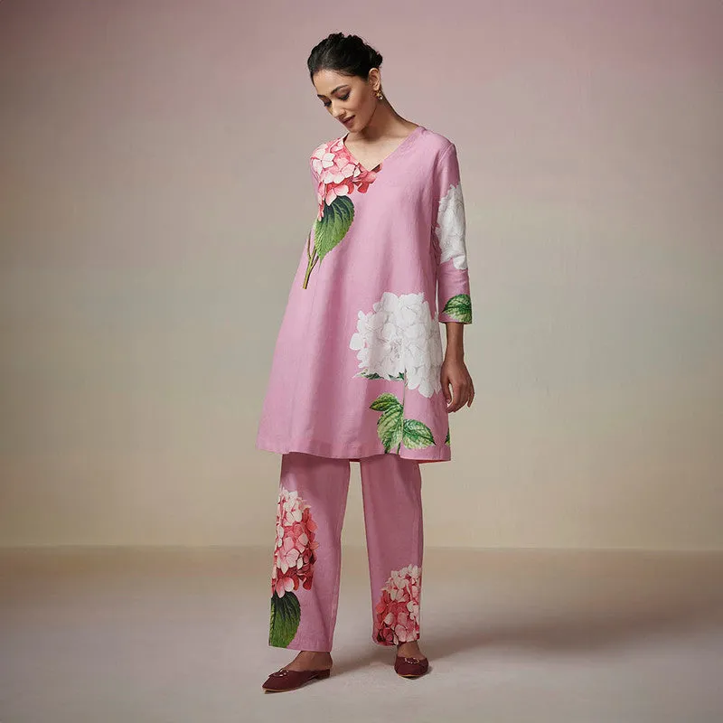 Cotton Linen Pink Kurta Set for Women | Printed
