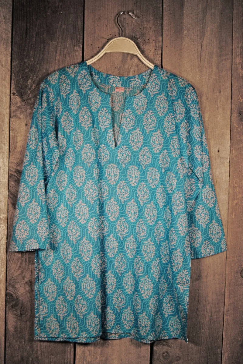 Cotton Print Tunic in Turquoise Waves