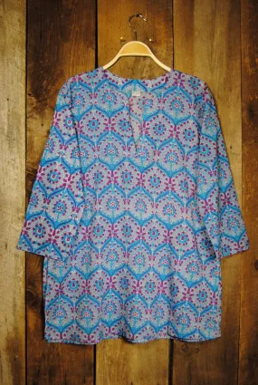 Cotton Tunic Top Bohemian Turquoise Print