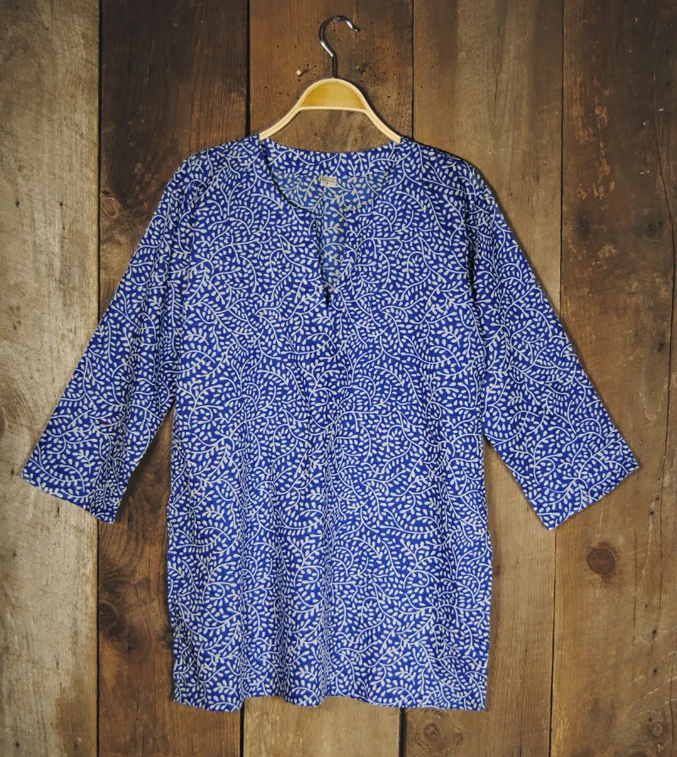 Cotton Tunic Top in Blue Vines