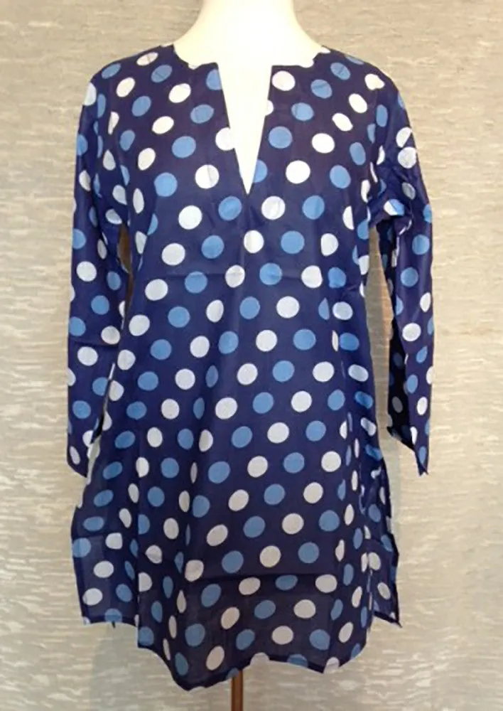 Cotton Tunic Top in Navy with Polka Dots