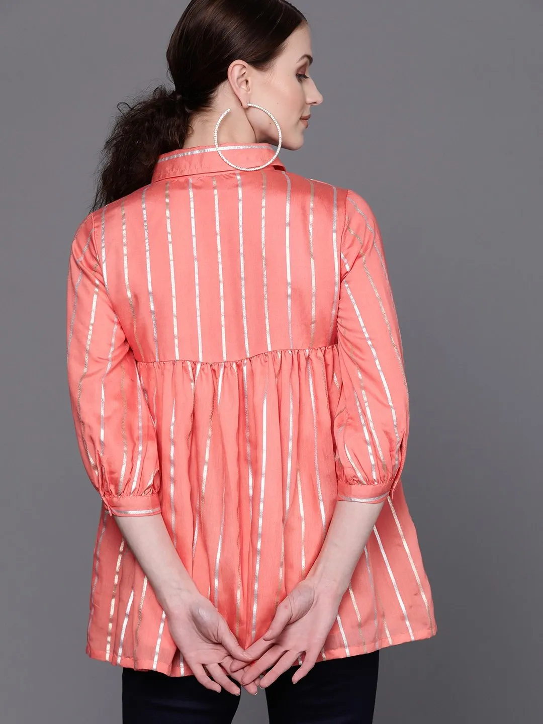 Couture Women's  Peach-Coloured & Silver Striped Tunic - AKS