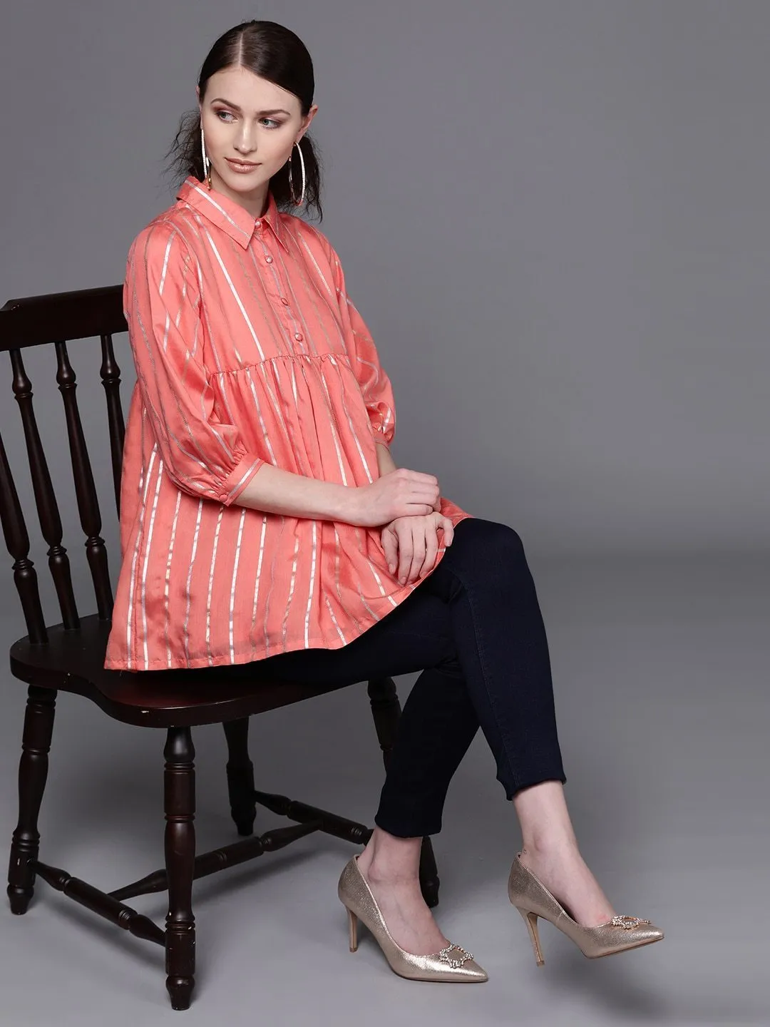 Couture Women's  Peach-Coloured & Silver Striped Tunic - AKS