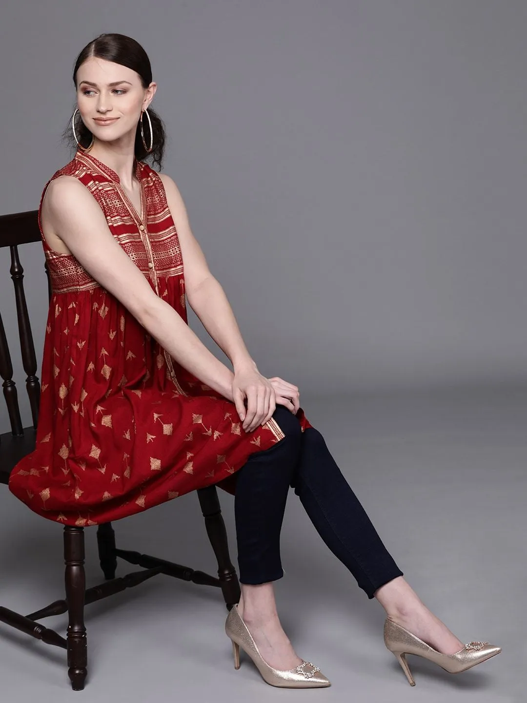 Couture Women's 's Maroon & Golden Printed Tunic - AKS
