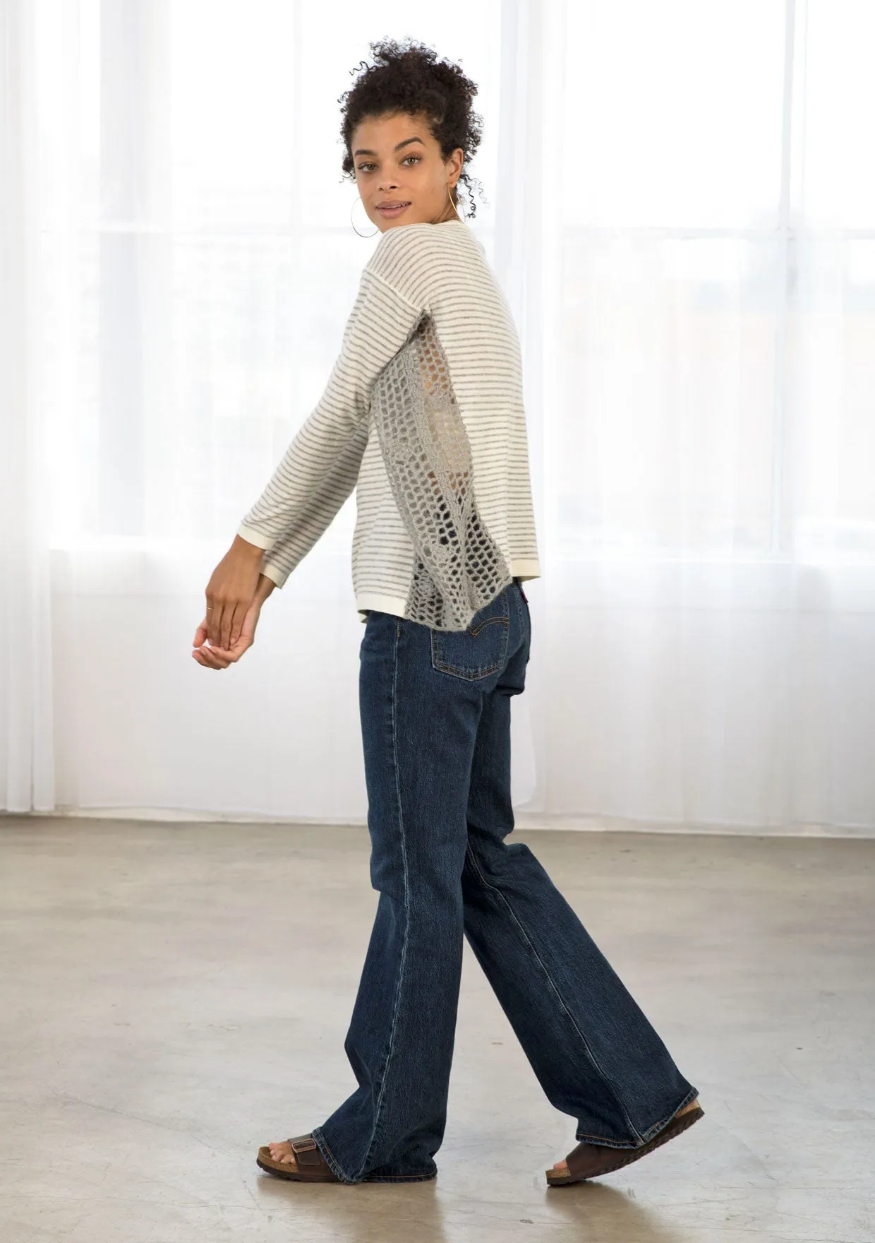 Cozy Striped Crochet Detail Long Sleeve Sweater