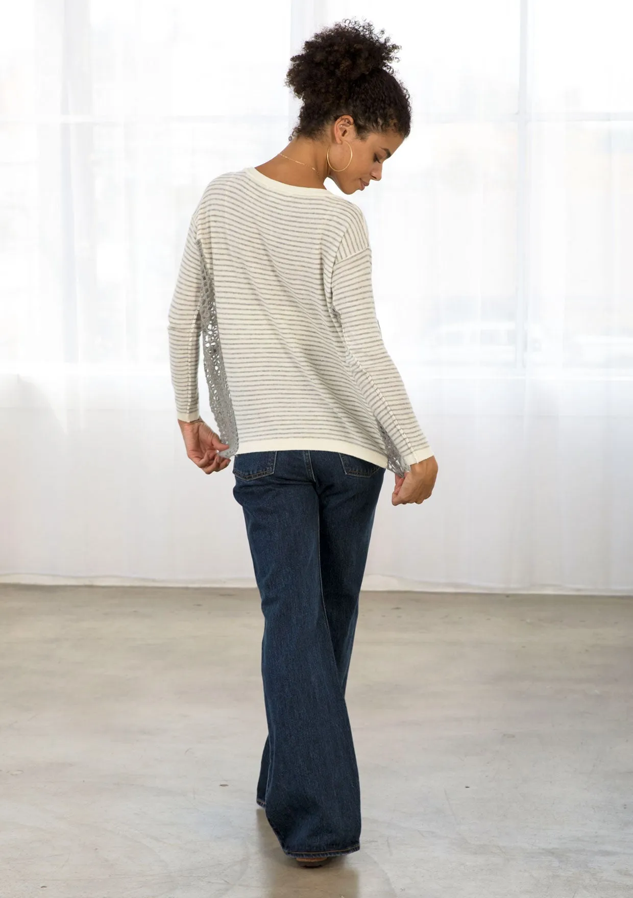 Cozy Striped Crochet Detail Long Sleeve Sweater