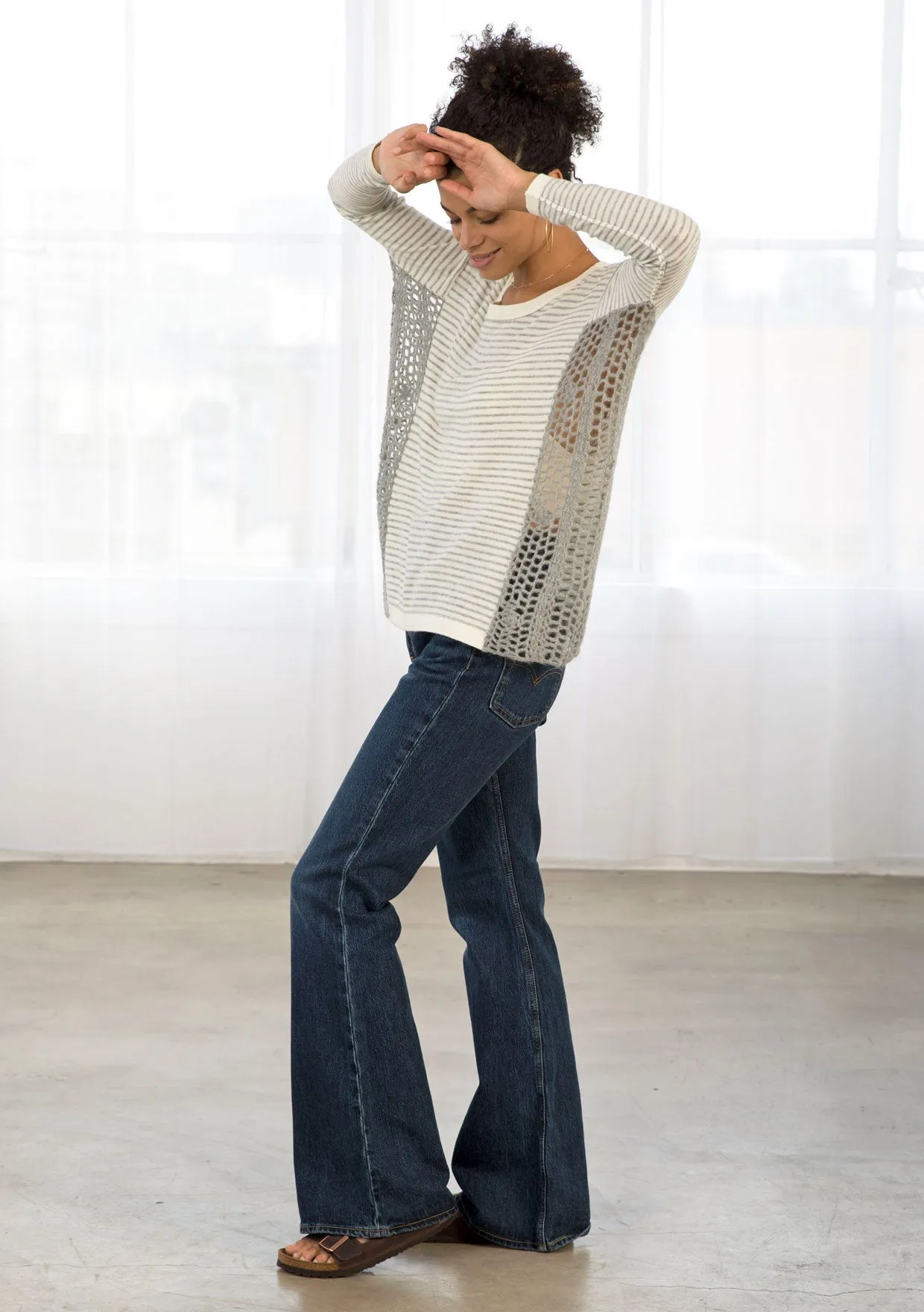 Cozy Striped Crochet Detail Long Sleeve Sweater