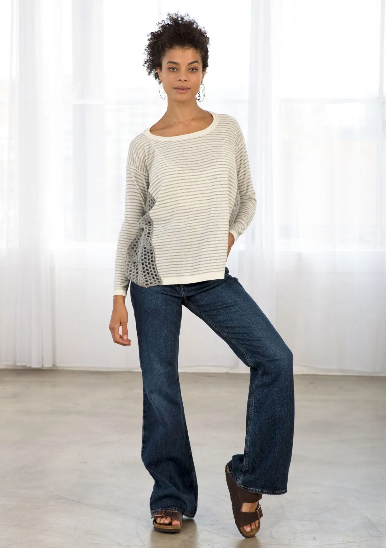 Cozy Striped Crochet Detail Long Sleeve Sweater