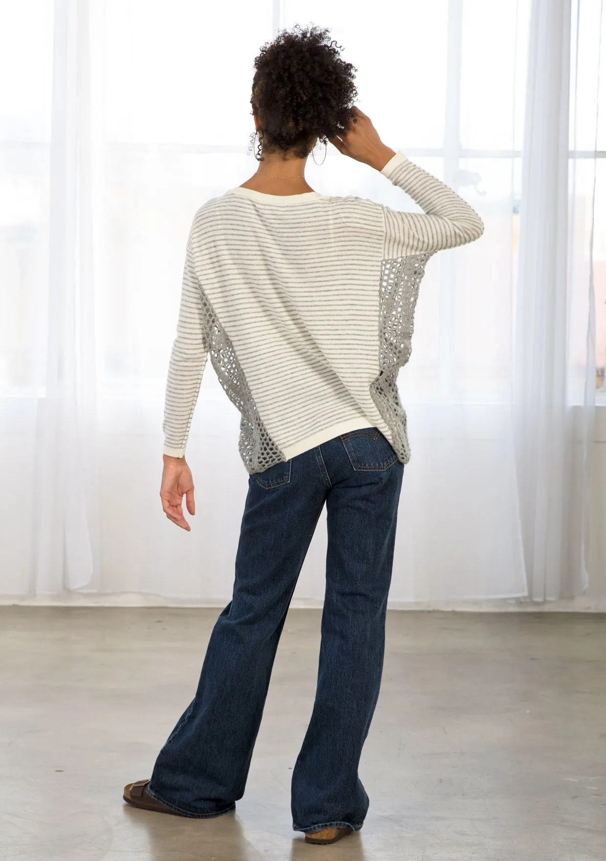 Cozy Striped Crochet Detail Long Sleeve Sweater