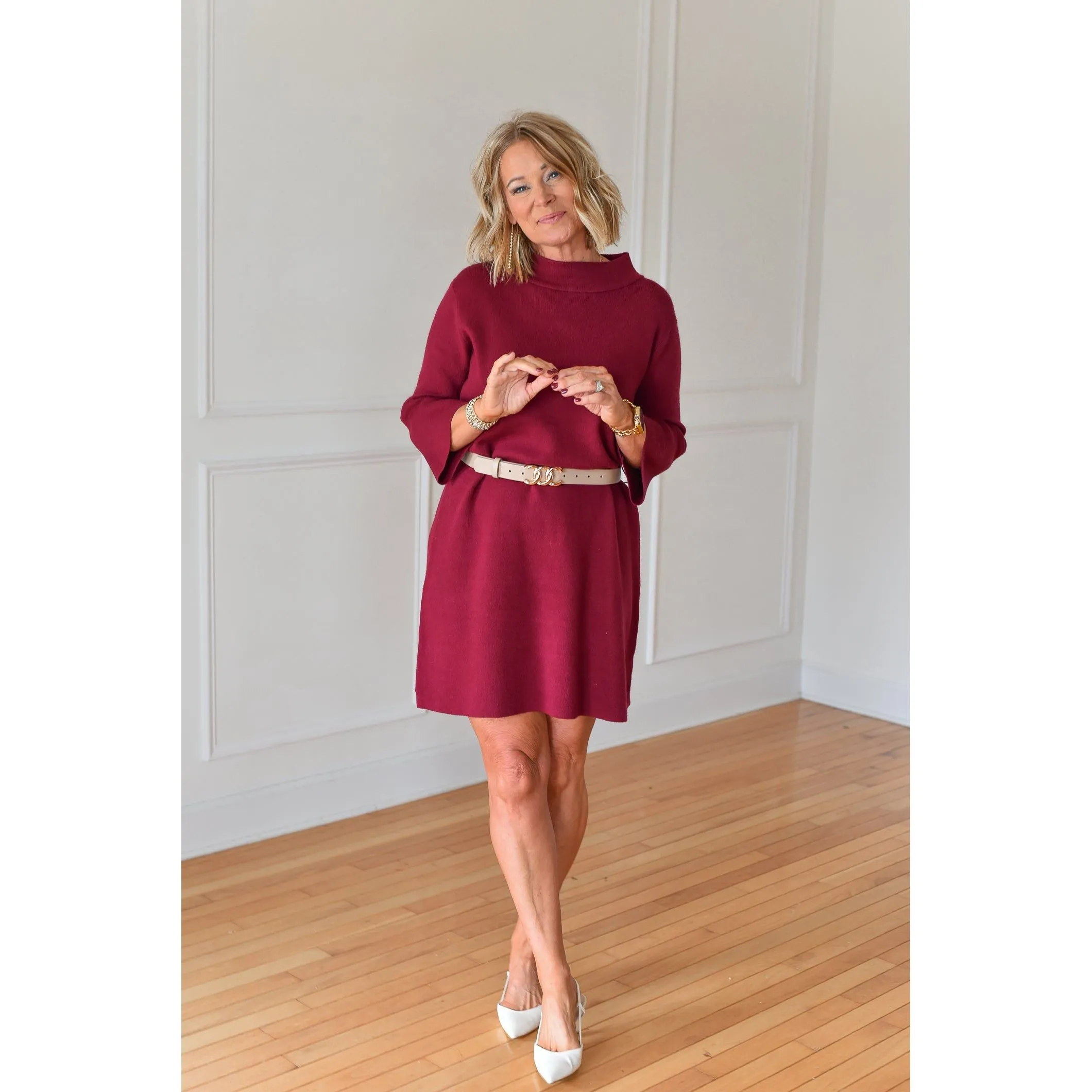Crimson Cozy Belted Sweater Dress