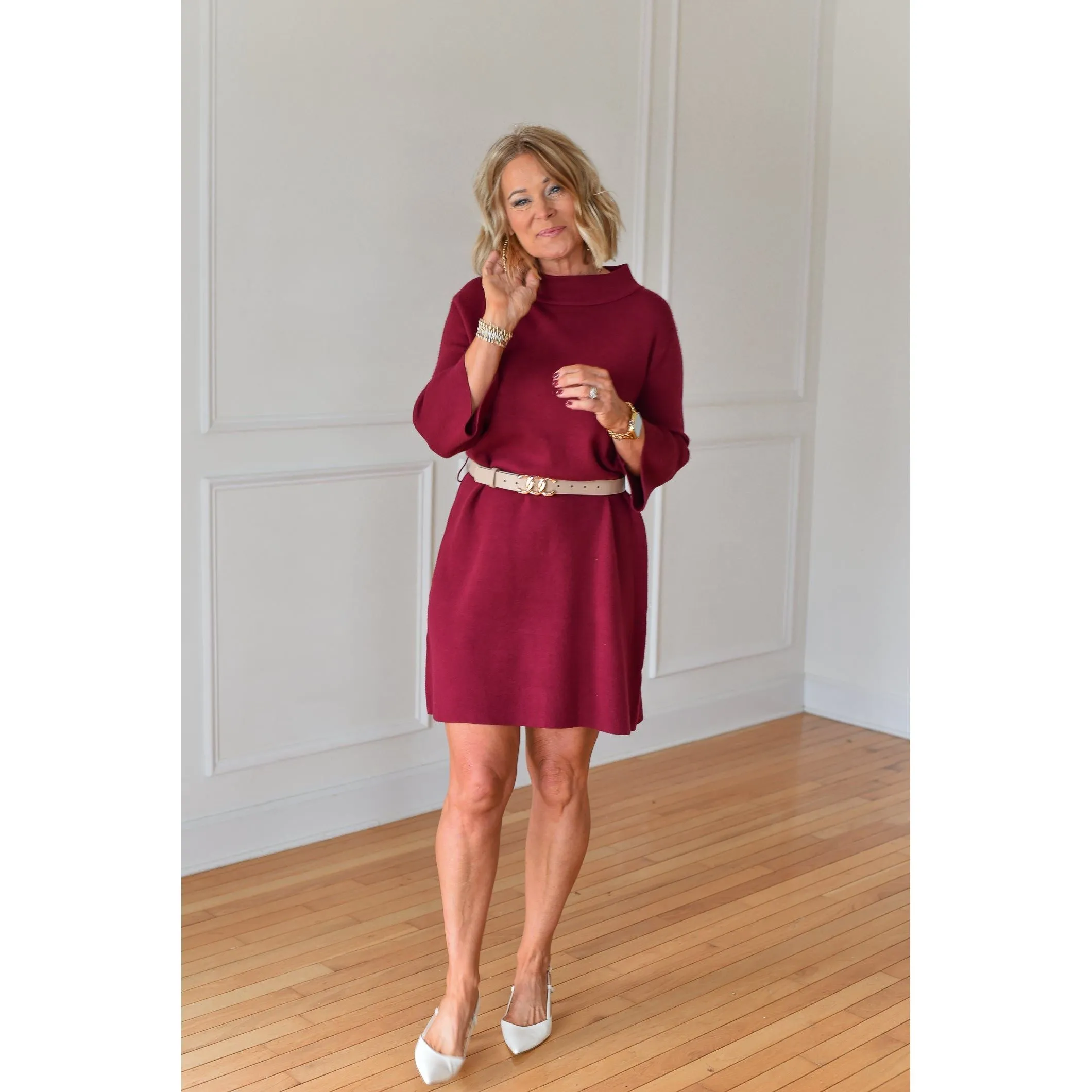 Crimson Cozy Belted Sweater Dress