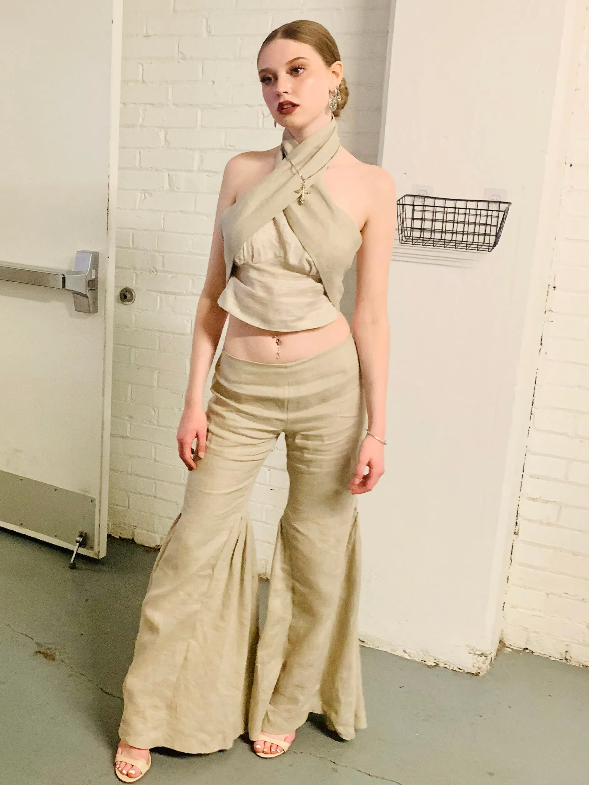 Crisscross Handmade 100% linen cropped top and 100% Linen drop waist pants.