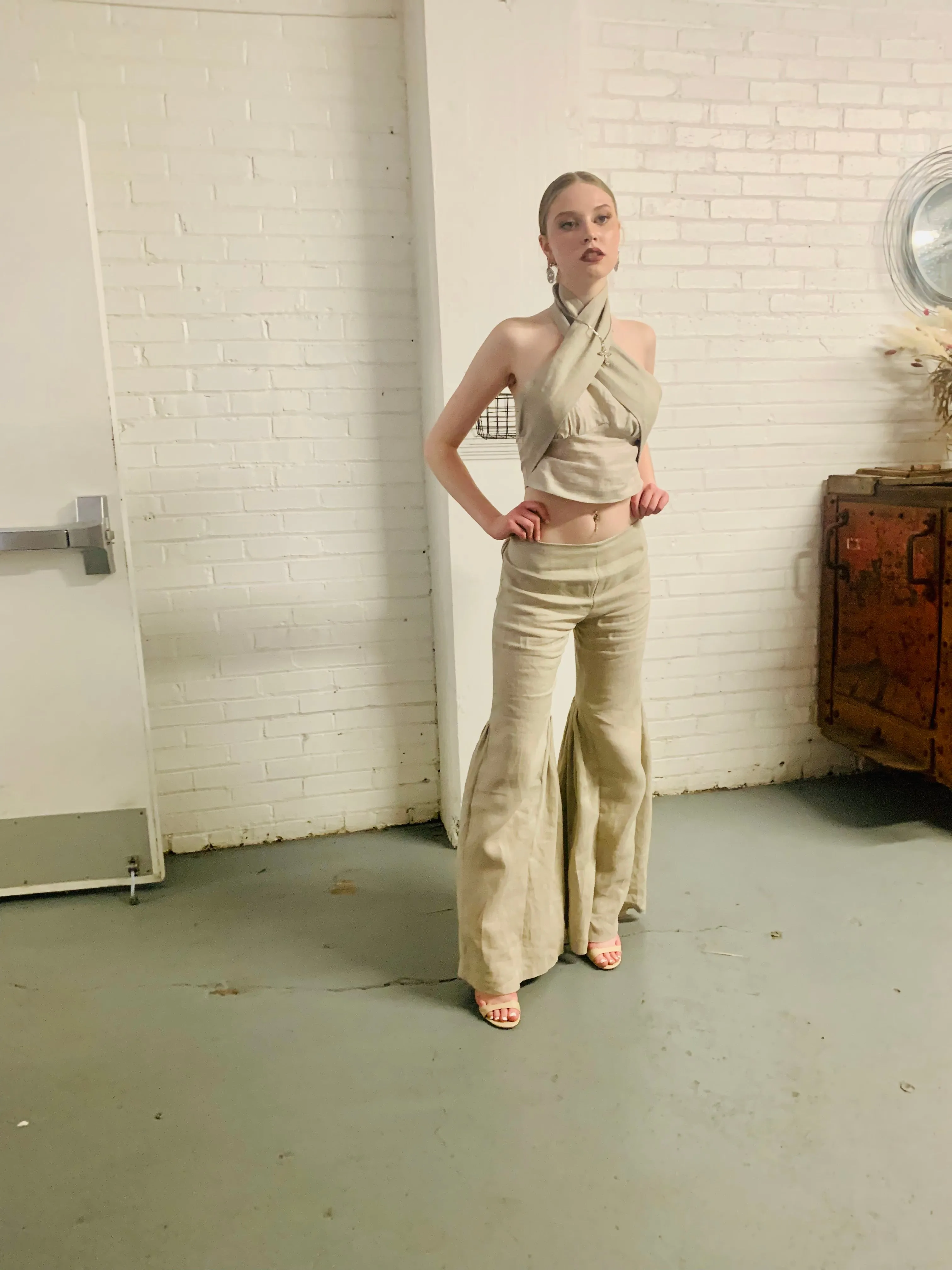 Crisscross Handmade 100% linen cropped top and 100% Linen drop waist pants.