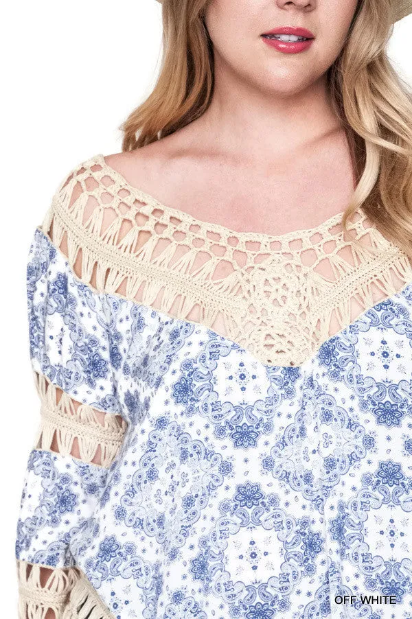 Crochet & Fringe Printed Top, Off White