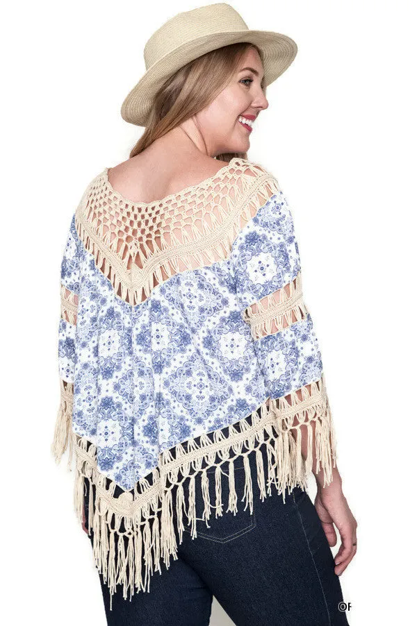 Crochet & Fringe Printed Top, Off White