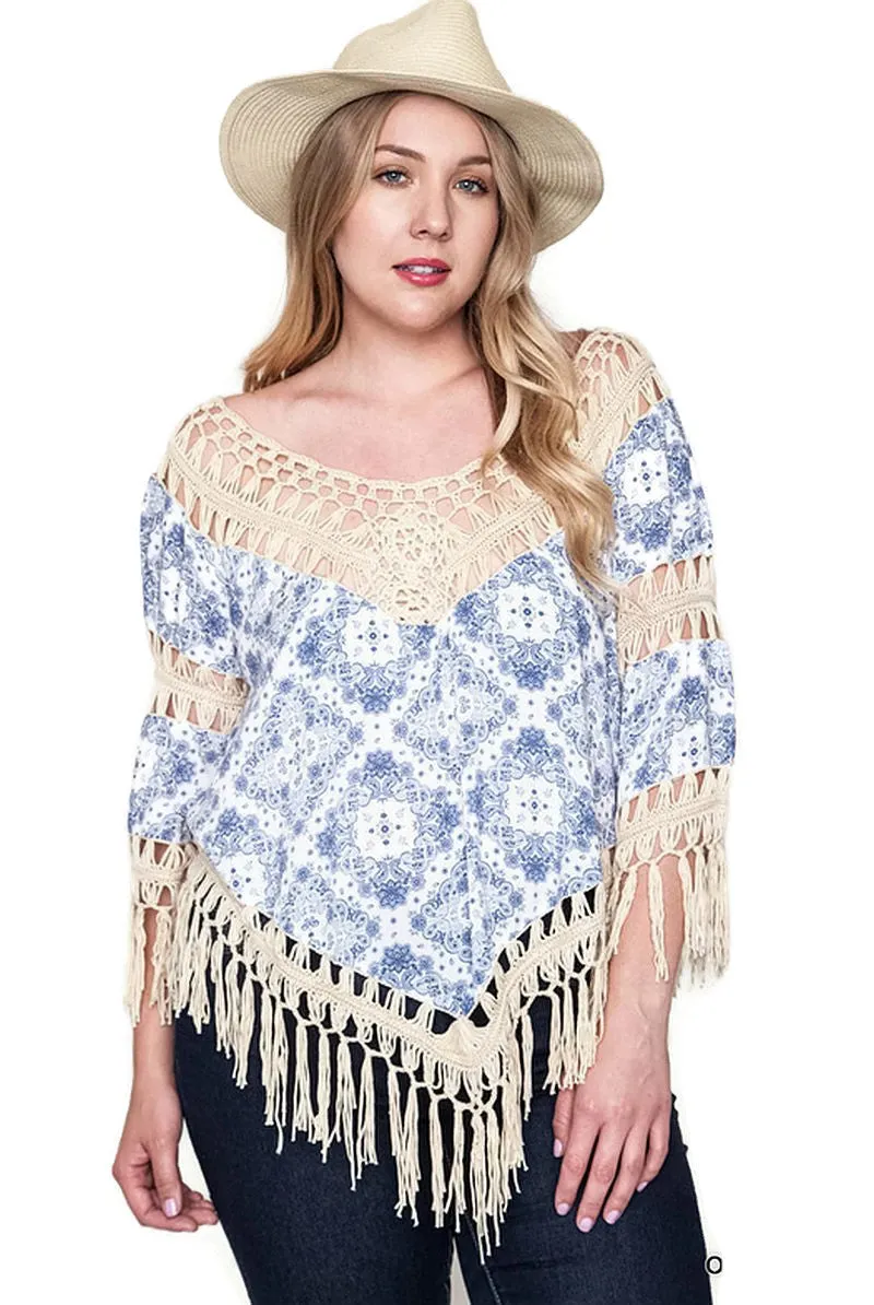 Crochet & Fringe Printed Top, Off White