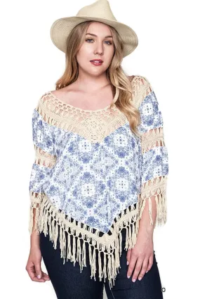 Crochet & Fringe Printed Top, Off White