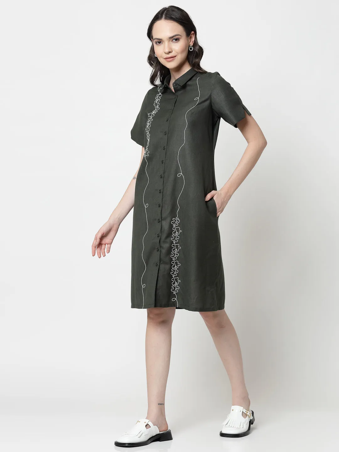 Dark Green Long Tunic With Puzzle Embroidery