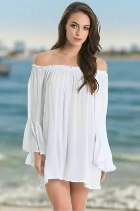 Elan Off Shoulder Bell Ruffle Sleeve Tunic Top-White
