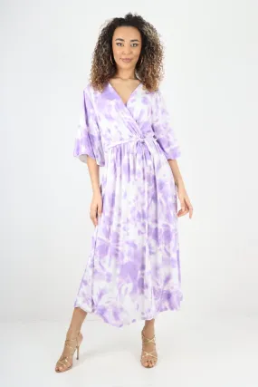Elasticated Waist Tie Dye Wrap Over  Maxi Dress