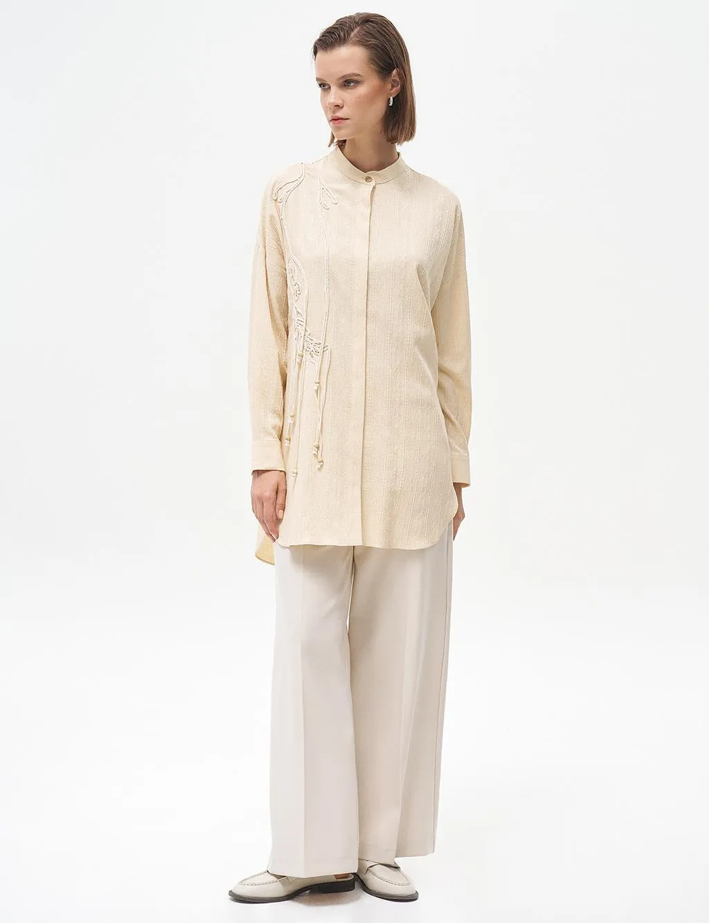 Embroidery Applique Waffle Tunic Cream