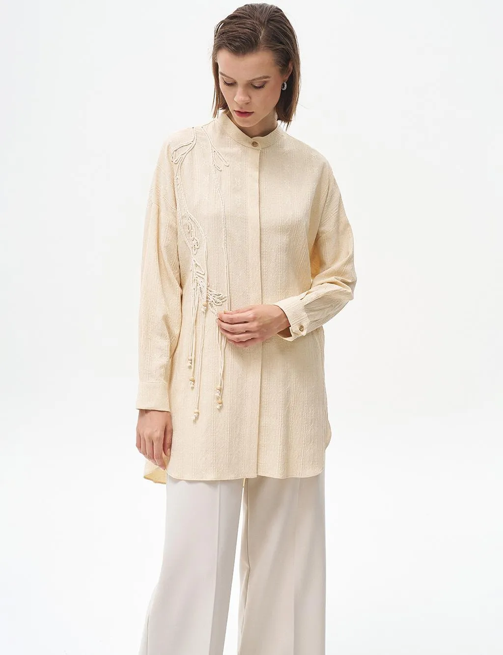 Embroidery Applique Waffle Tunic Cream