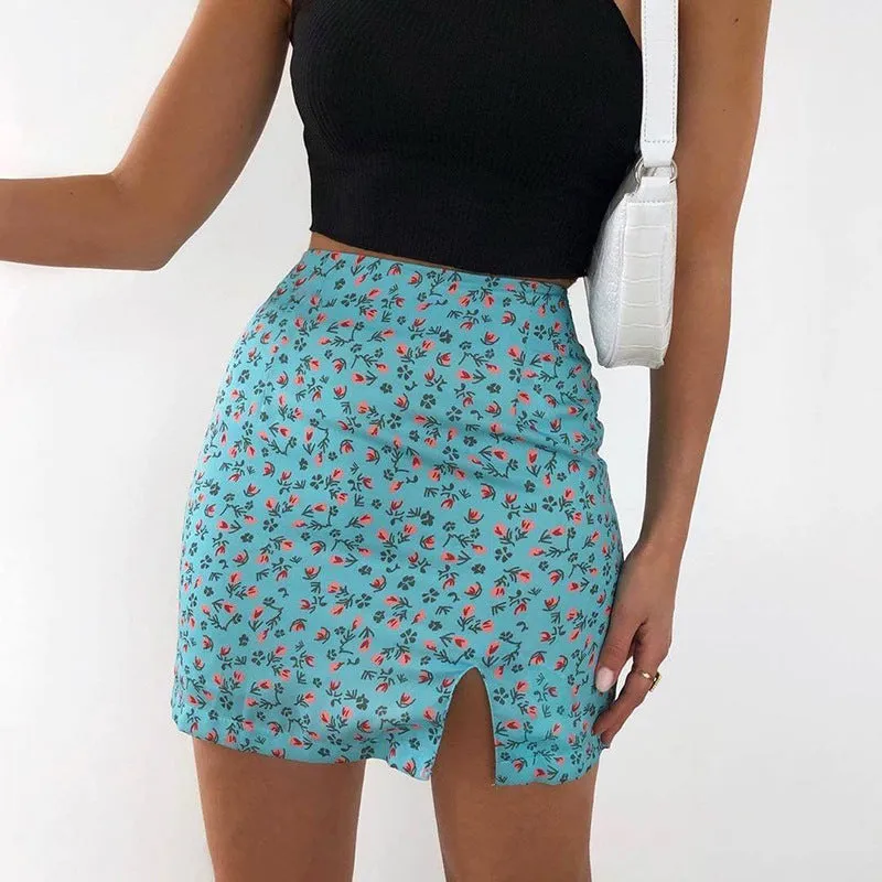 Europe Summer Slim Look French Floral Sexy Splitted Skirt Pencil Women Skirt