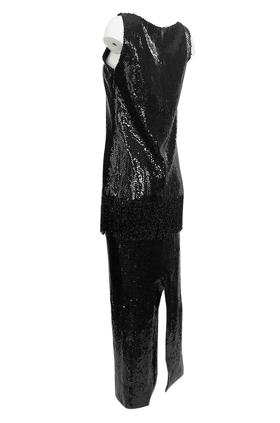 Fall 1974 Bill Blass Densely Covered Black Sequin Fringed Tunic & Skirt Dress Set