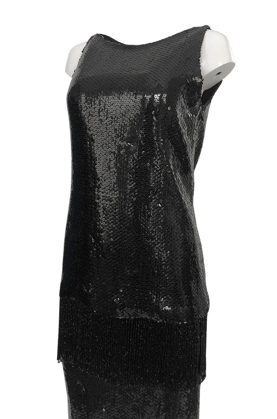 Fall 1974 Bill Blass Densely Covered Black Sequin Fringed Tunic & Skirt Dress Set