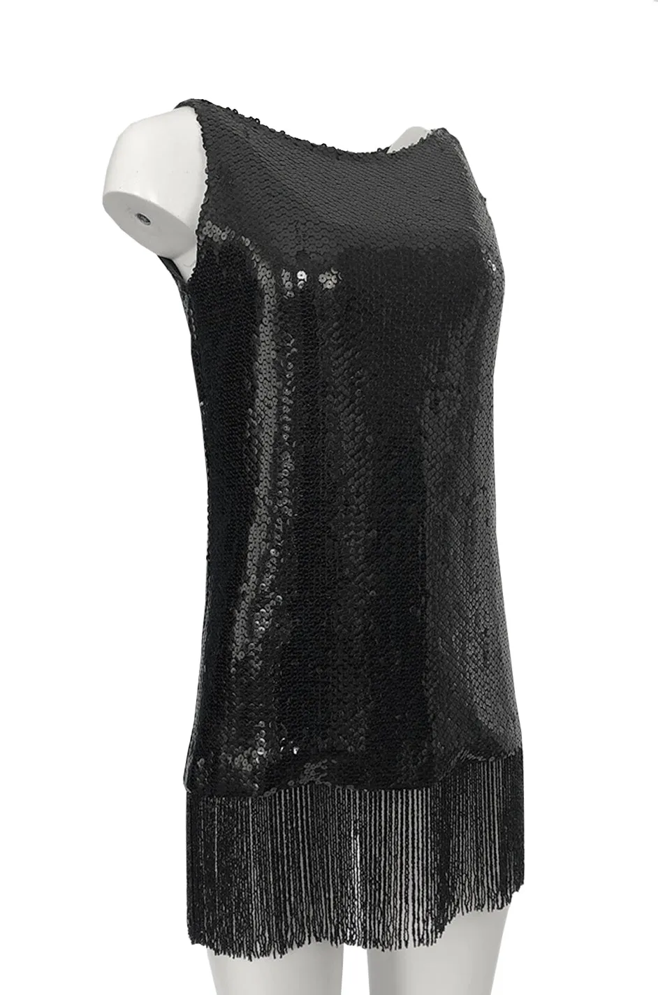 Fall 1974 Bill Blass Densely Covered Black Sequin Fringed Tunic & Skirt Dress Set