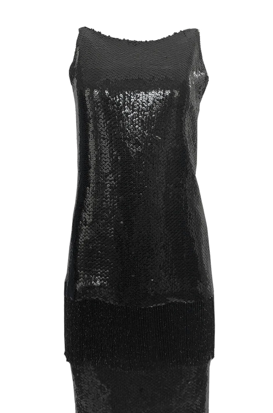 Fall 1974 Bill Blass Densely Covered Black Sequin Fringed Tunic & Skirt Dress Set