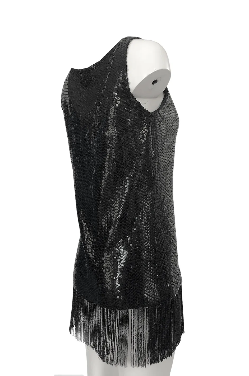 Fall 1974 Bill Blass Densely Covered Black Sequin Fringed Tunic & Skirt Dress Set