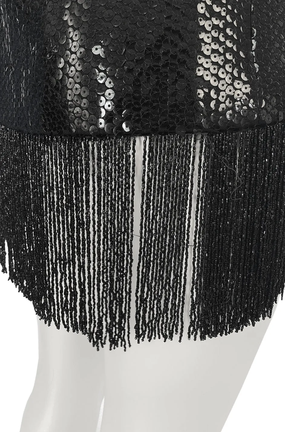 Fall 1974 Bill Blass Densely Covered Black Sequin Fringed Tunic & Skirt Dress Set