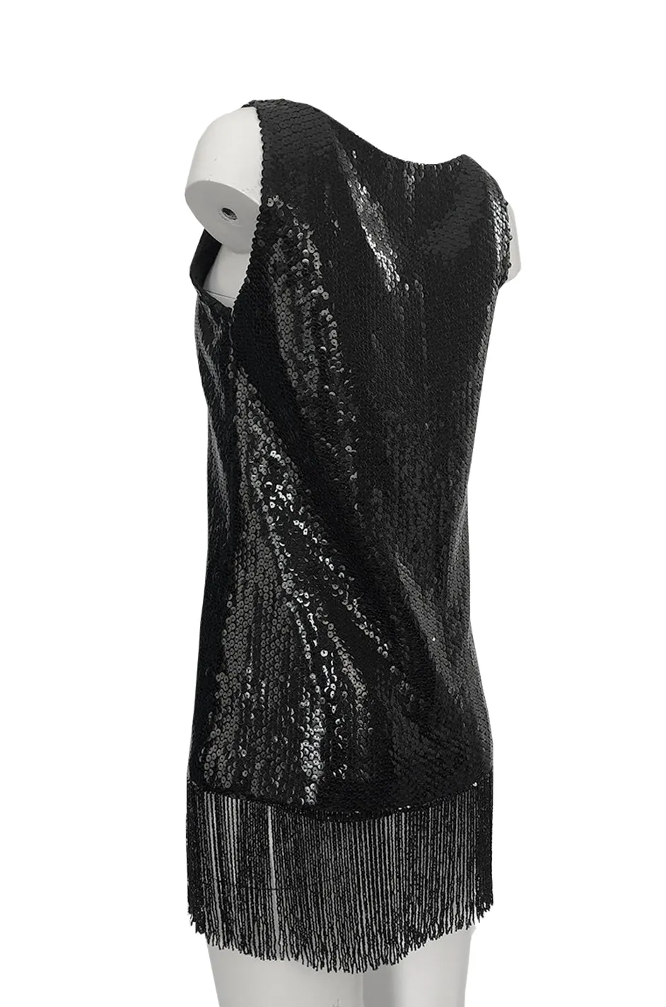 Fall 1974 Bill Blass Densely Covered Black Sequin Fringed Tunic & Skirt Dress Set